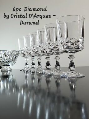6 Vntg Diamond 8oz Crystal Goblets by Cristal D'Arques - Durand